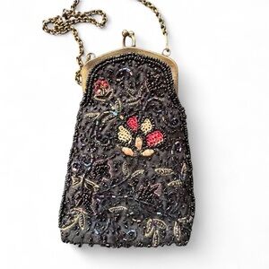 Vintage black silk beaded and sequined change purse bag